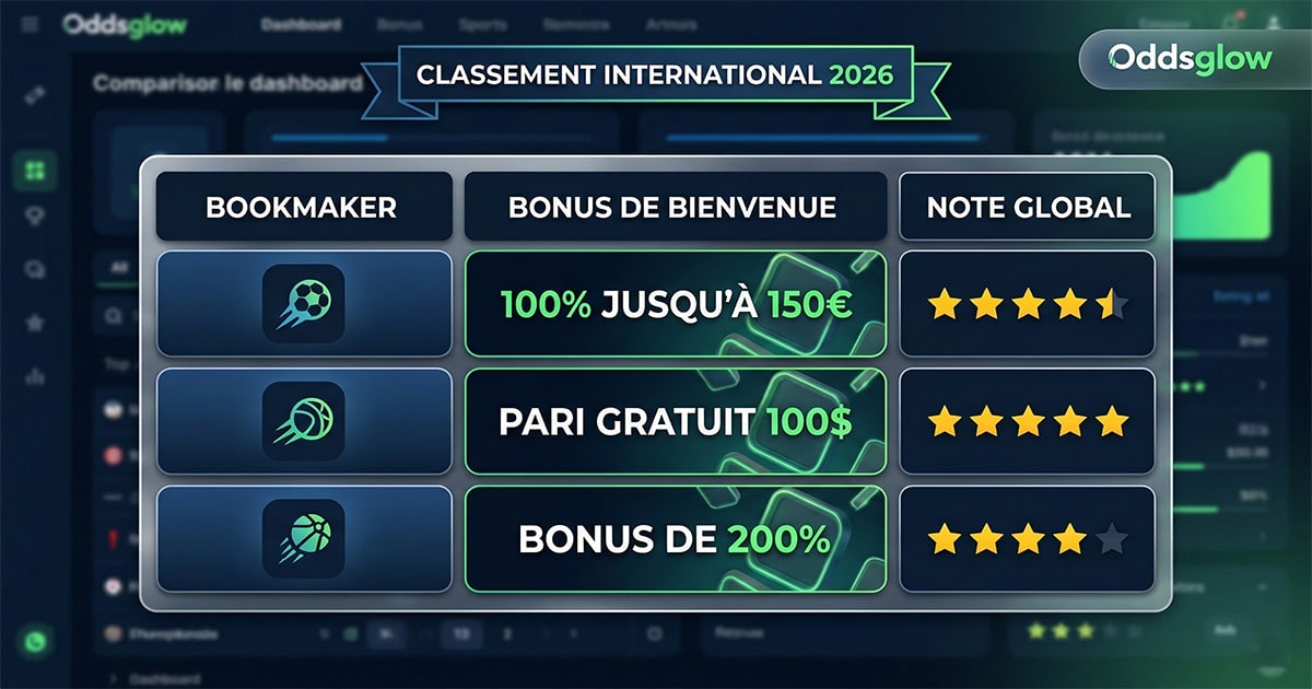 Tableau comparatif international des bookmakers Oddsglow 2026 Note globale et bonus.